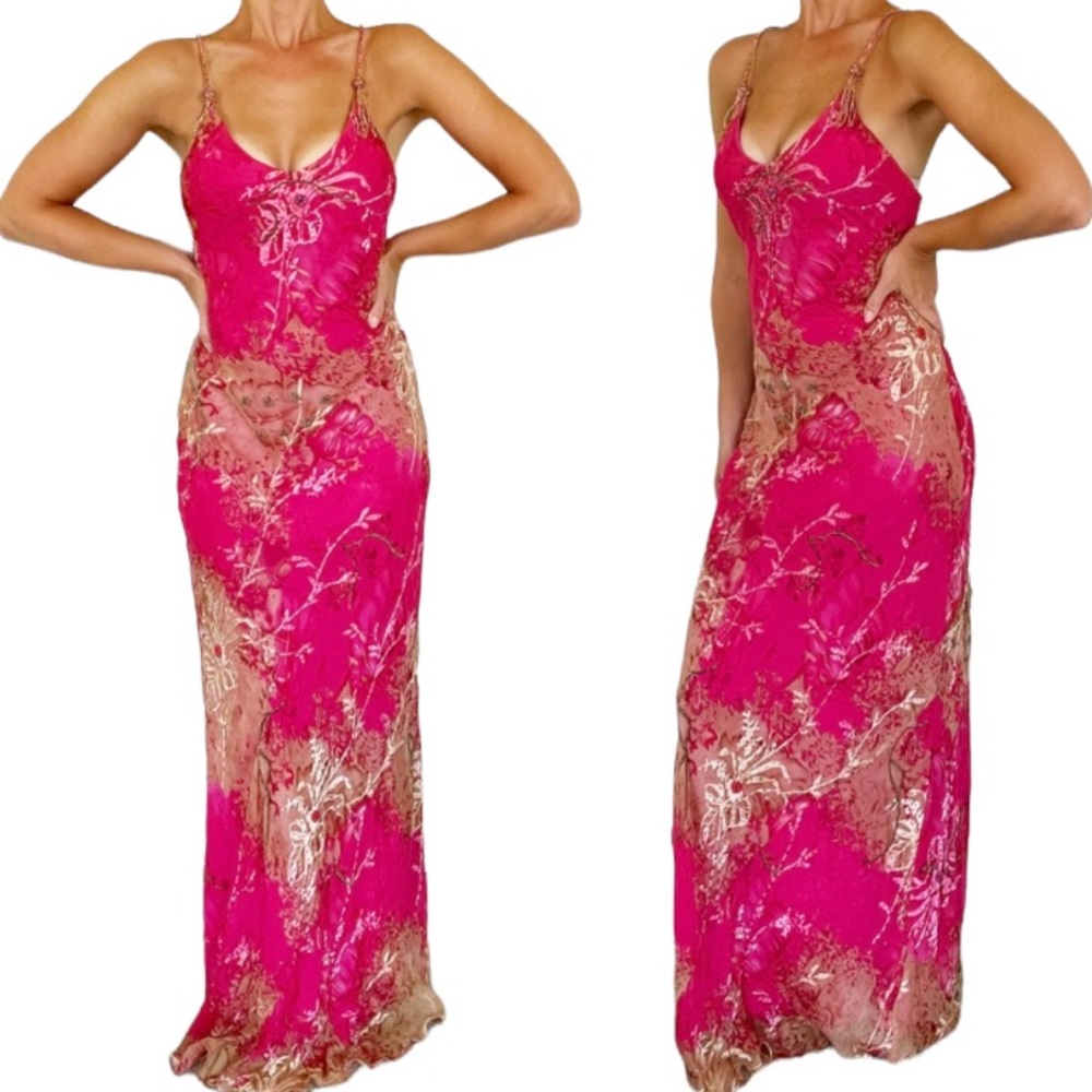 Caché pink silk beaded backless strappy formal gown size 8